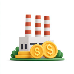 Fototapeta premium Factory with smokestacks and dollar coins representing industrial profit and economic growth, with clean white background