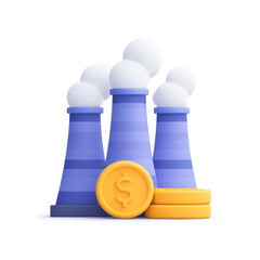 Industrial factory with cooling towers and coins representing energy costs and financial impact, symbolizing energy production