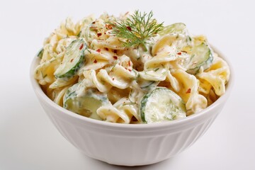 Dill pickle pasta salad, isolated on white background.
