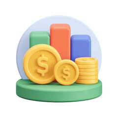 Financial growth and investment concept represented by colorful bar chart, coins with dollar symbols, and circular background