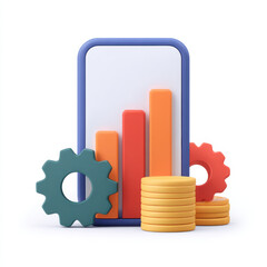 Smartphone with bar chart screen, surrounded by gears and stacks of coins, representing financial growth and digital investment