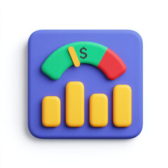 Data visualization icon with bar chart and gauge meter indicating financial performance or budget status, colorful and modern