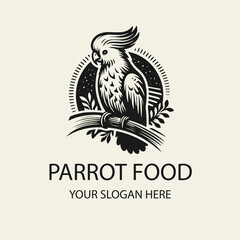 Obraz premium Black and white flat vector logo of a cockatoo parrot for bird food branding. Minimal, clean, and tropical design for packaging, label, or pet product identity.