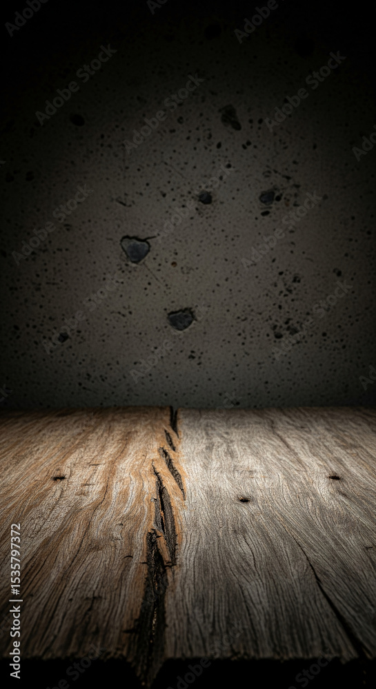 Poster dark wooden surface with visible grain and cracks, set against a textured gray background, showcasin