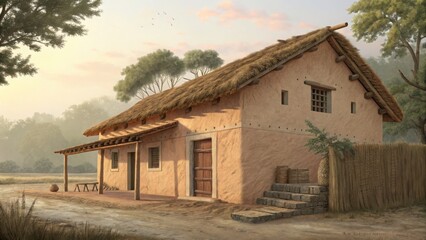 Digital reconstruction of a thatched roof house in a rural setting at dawn