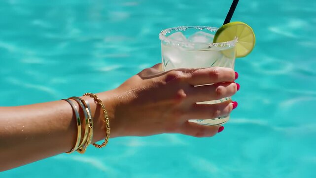 Woman's hand with gold bracelets & red nails holds a margarita by a sparkling blue pool. Summer vacation, refreshing cocktail, luxury lifestyle.