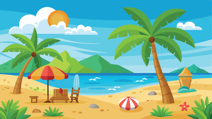 Cartoon Tropical Beach Scene with Palm Trees, Lounge Chair, Surfboard, and Beach Umbrella