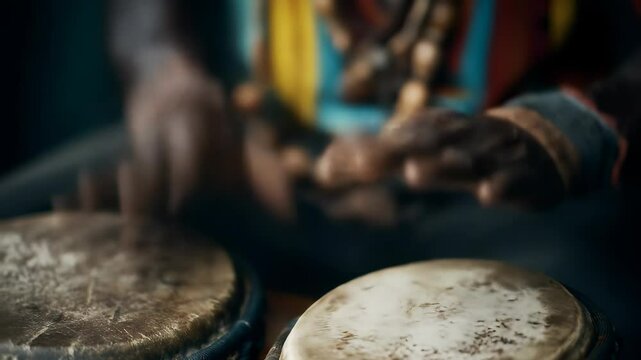 Close-up of hands playing traditional African djembe drums. Musician in colorful attire. Rhythmic, cultural, world music performance.