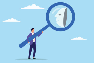 Vector illustration of a businessman holding a large magnifying glass and analyzing a scam mask, symbolizing the investigation of fraud, exposure of deceit, and pursuit of business transparency
