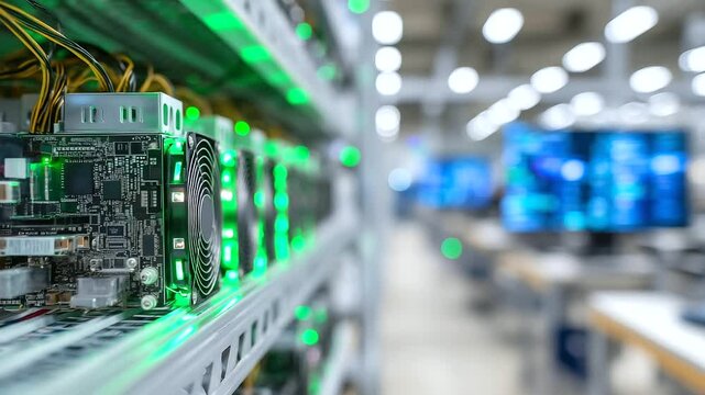 Close-up of cryptocurrency miners stacked neatly on gray shelves, LED-lit video cards humming, with blockchain hash codes visible on nearby monitors in a brightly lit white room