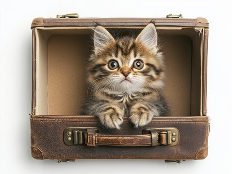 Small fluffy kitten sits snugly inside a vintage suitcase, cozy and curious indoors.