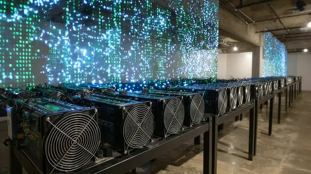 Close-up of video card fans in motion, mounted on black shelves in a luminous room with white-painted concrete walls, hash codes projected on nearby screens