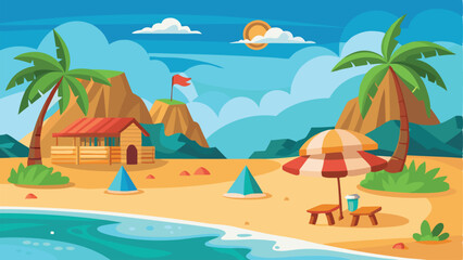 Cartoon Beach Scene Palm Trees, Hut, Umbrella, Blue Sea and Sunny Skies