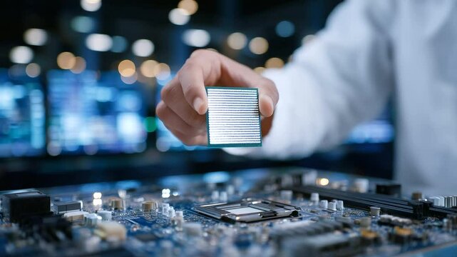 Computer assembly scene where a technician&rsquo;s hand presses a processor into the motherboard, set against a backdrop of illuminated components