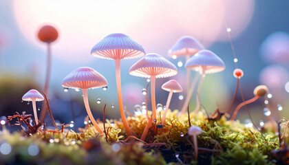 Fototapeta premium Enchanted Forest Delicate Pink Mushrooms in Mossy Grove