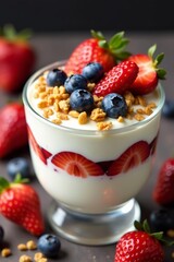 Close-up of creamy yogurt parfait with ripe strawberries, blueberries, and crunchy granola, healthy eating, nutritious, colorful