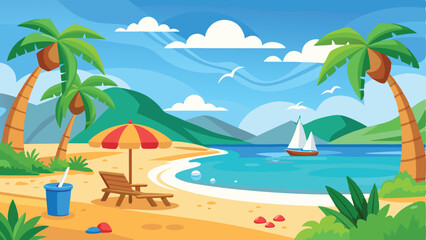 Cartoon Beach Scene with Palm Trees, Sailboat, Umbrella, Chair, and Clear Turquoise Water