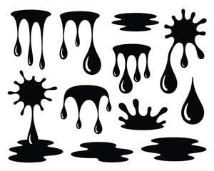 Dripping Liquid Vector Icon Set – Black Silhouette Blobs & Drips for Horror, Slime, and Grunge Effects