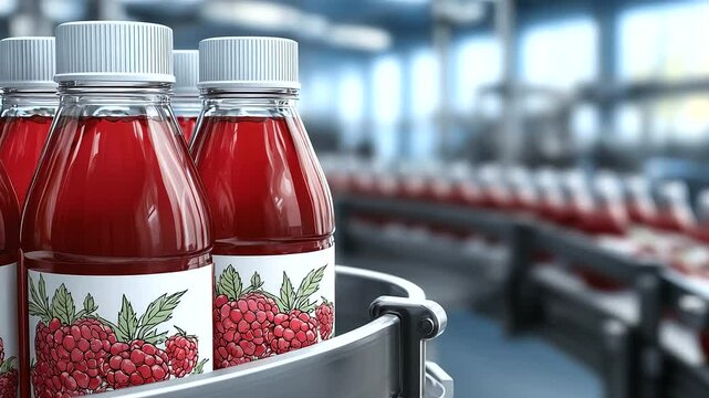 Conveyor belt filled with vibrant red bottles of freshly pressed berry juice, strawberries and raspberries illustrated on labels, in a modern bottling plant