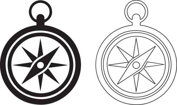 Simple black and white line art illustrations of vintage compasses.