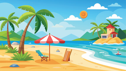 Fototapeta na wymiar Cartoon Tropical Beach Scene with Palm Trees, Island House and Blue Sea View