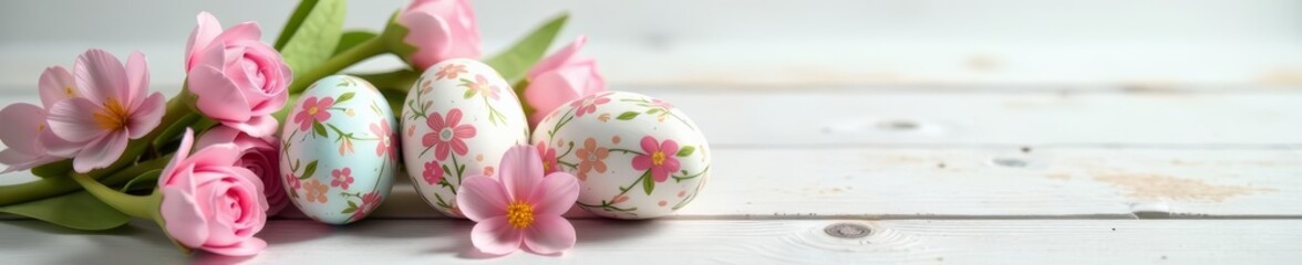 Fototapeta premium Close-up of easter eggs with delicate flower patterns on white wooden backdrop, flowers, backdrop, close-up