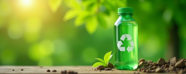 Close-up of eco green reusable water bottle with recycled label, promoting sustainability, environmental, drink bottle, eco-friendly