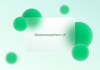 Glassmorphism panel with green floating spheres
