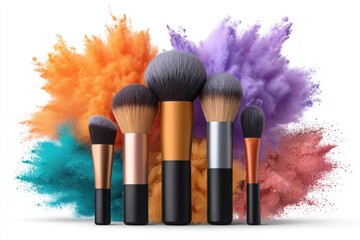 Makeup brushes with powder explosion on white background