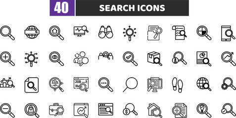 Search Icons – 40 Vector Icons for Analysis, Find, Tracking, Exploration, Data Lookup