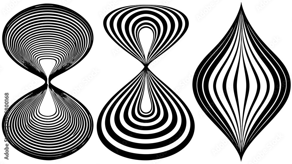 Poster abstract black and white graphic elements featuring dynamic curved lines creating optical illusion a