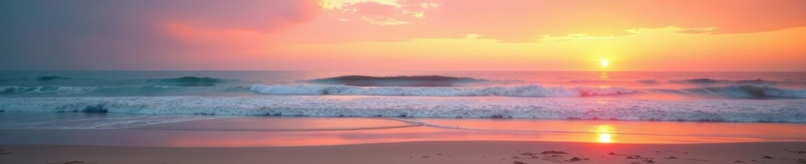 Obraz premium Soft pastel colors of an empty sandy beach at sunset, peaceful, paradise, tranquil