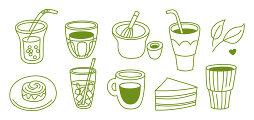 Matcha green tea, vector logo design template and graphic elements for advertising, branding, posters,  banners and prints, illustrations, brunch cafe , bakery and coffee shops concepts
