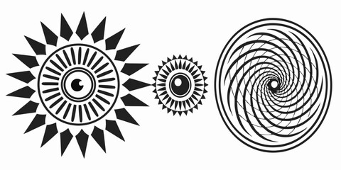 Black and white abstract design elements featuring sunbursts and a spiral pattern on a transparent background for various creative projects.