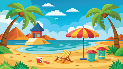 Cartoon Beach Scene with Palm Trees, Chair, Umbrella, Water, House, and Trash Cans