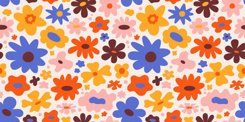 Vector seamless pattern in simple floral wavy and groovy naive style, flowers and plants, floral botanic hand drawn design templates, modern art prints, surface design