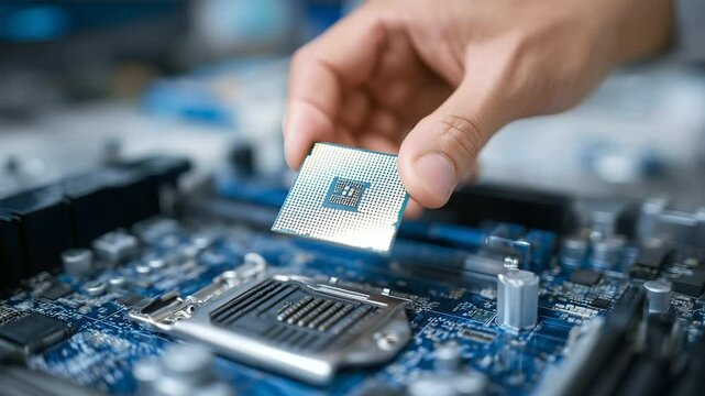 Focused macro shot of human fingers holding a delicate processor chip, positioning it perfectly into the LGA socket of a high-end motherboard