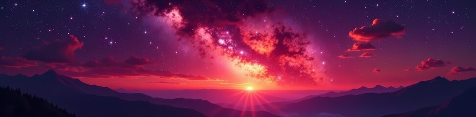 Stunning view of crimson sky filled with twinkling stars and milky way, night, galaxy, evening