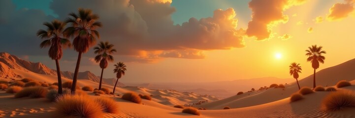 Fototapeta premium Stunning view of shimmering golden palm trees in a mysterious desert landscape, mysterious, nature, desert