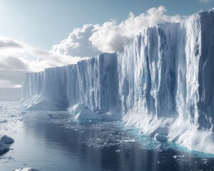 An ultra realistic scene depicting climate change impact on glaciers and polar regions in a natural environment.