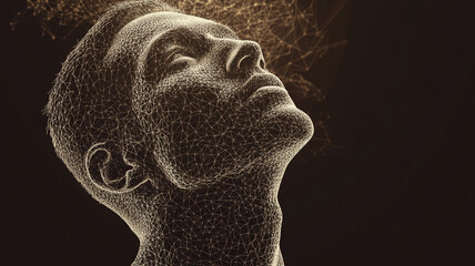 Abstract male face looking up, vector mesh style on (black) background