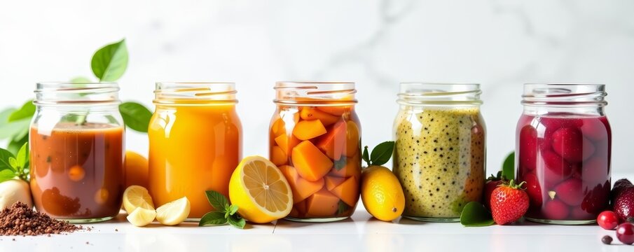 Superfood jars neatly arranged with copy space on white background, diet, white background, nutrition - Powered by Adobe