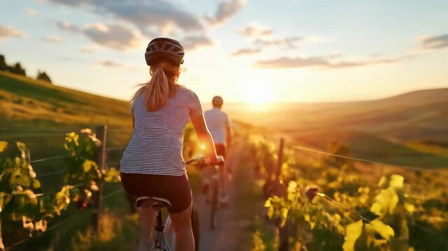 Cyclists ride through a scenic vineyard at golden hour. Active lifestyle, wine tourism, beautiful countryside, summer adventure. Back view.