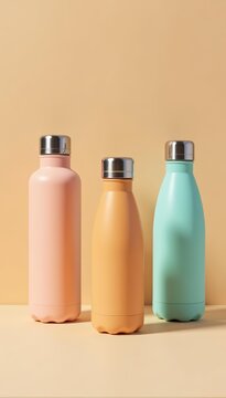 Three stylish water canteens standing side by side on beige surface, environmentally friendly, reusable bottles, hydration