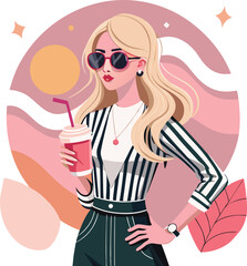 Stylish blonde woman in striped shirt holding a drink