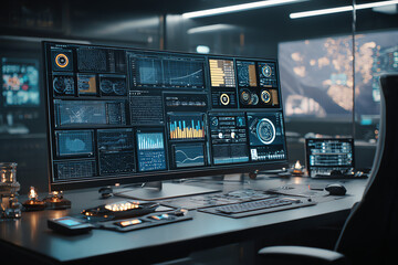 Intuitive Workflow: Futuristic Charts and Diagrams in High-Tech Workspace - Generative AI.