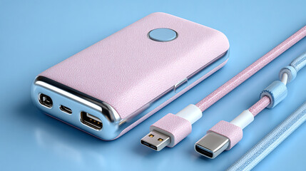 A close up of a pink power bank with usb and type c cables on a light blue surface in a studio shot.