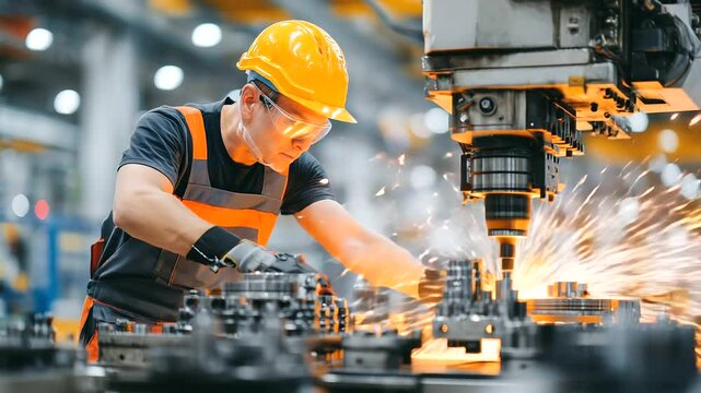 Industrial sharpening station surrounded by tools and steel parts, worker in orange gear leans into grinder with precision