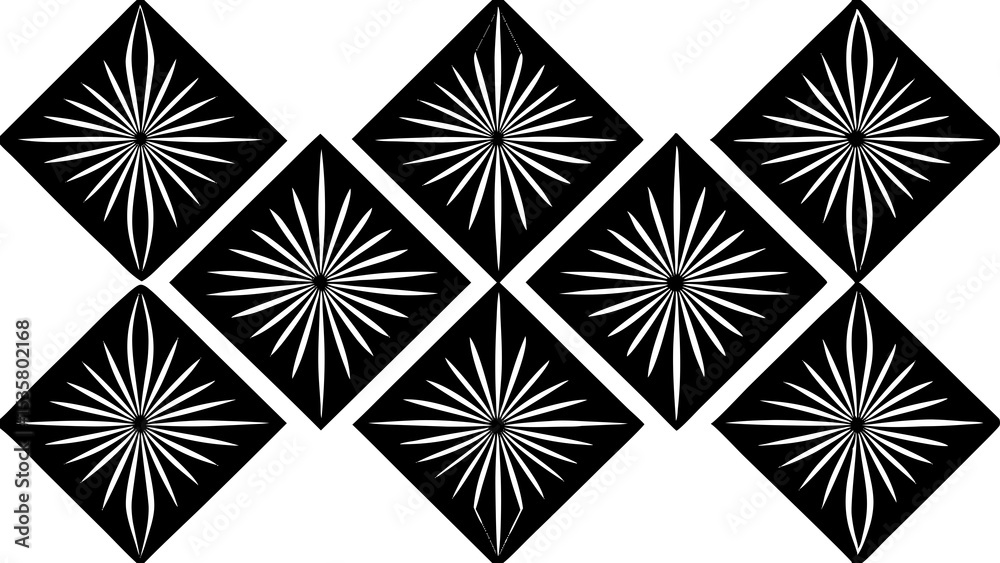 Poster an abstract geometric pattern featuring a repeating array of stylized radiant shapes in a high contr