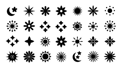 A collection of minimalist black and white celestial and floral icons perfect for creative design projects